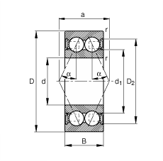 角接觸球軸承 3003-B-2RSR-TVH, 雙列，雙側(cè)唇密封，接觸角 α = 25°